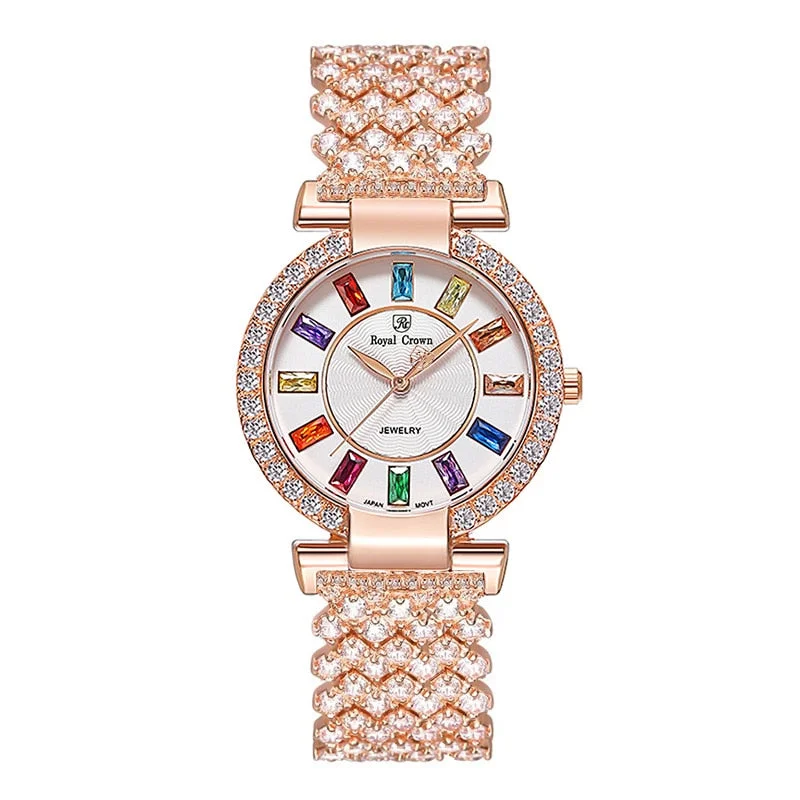 Colorful Crystal Lady Women's Watch Japan Quartz Fashion Fancy Dress Bracelet Luxury Party Girl's Birthday Gift Royal Crown Box