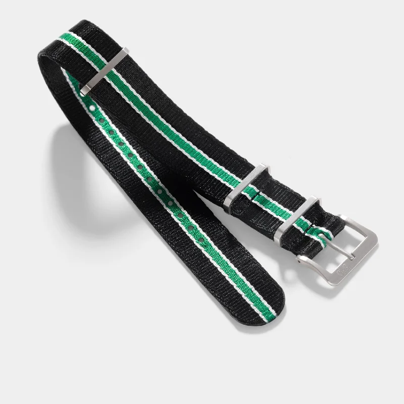 Deluxe Nylon Single Pass Watch Strap Black One Stripe Green