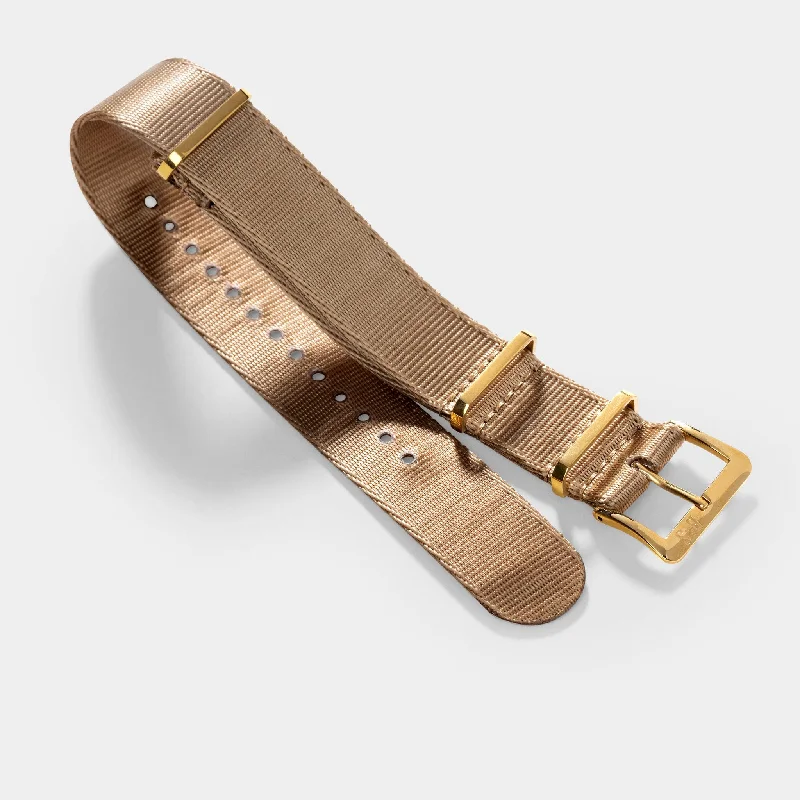 Deluxe Nylon Single Pass Watch Strap Coyote Brown - Gold