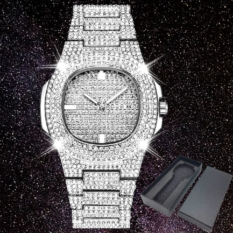 Iced Out Watches Women Hip Hop Bling Diamonds Quartz Watch Men Unisex Wristwatch Silver Steel Business Man Female Clock Dropship