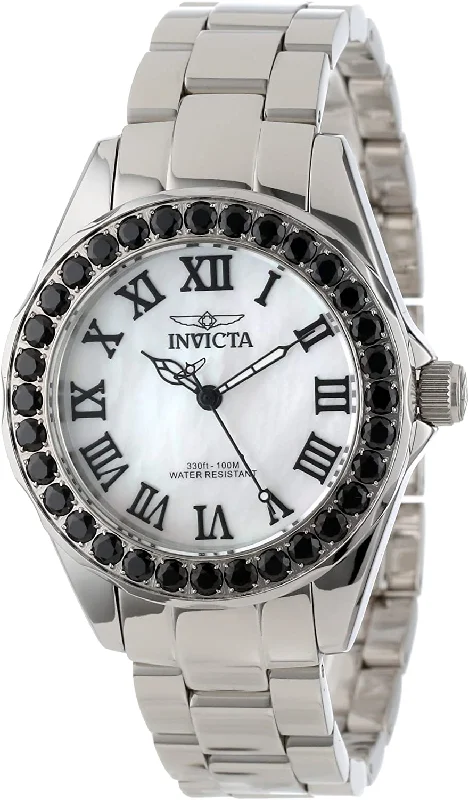 Invicta Women's 14106 Angel White Mother-Of-Pearl Dial Black Spinel Accented Stainless Steel Watch