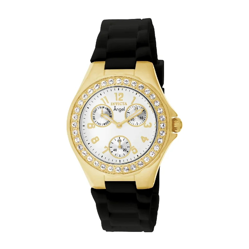 Invicta Women's Chrono Watch - Angel White Dial Yellow Gold Case Black Strap | 1643