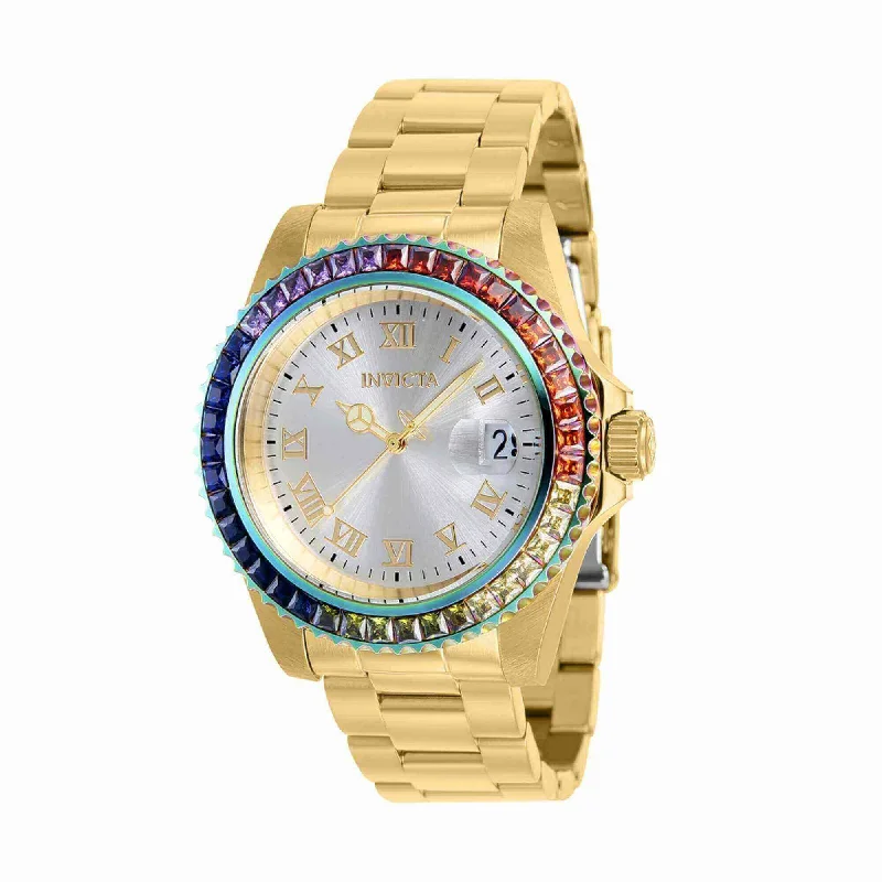 Invicta Women's CZ Watch - Angel Swiss Quartz Silver Dial Yellow Gold Steel | 40229