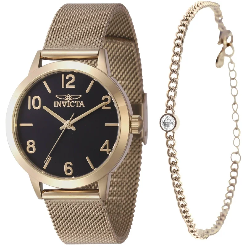 Invicta Women's Watch Set - Wildflower Black Dial Yellow Gold Mesh Bracelet | 47277