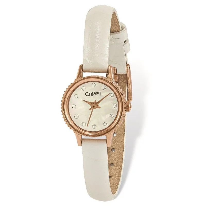 Ladies Chisel Rose IP-pltd Stainless Steel Wht Lthr Strap Watch