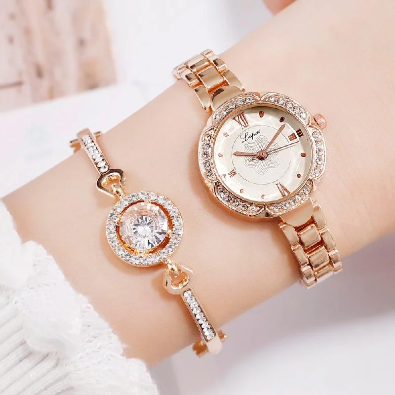 Lvpai Brand Luxury Women Dress Watches Set Fashion Geometric Bangle Bracelet Quartz Clock Ladies Wrist Watch Rose Gold Watches