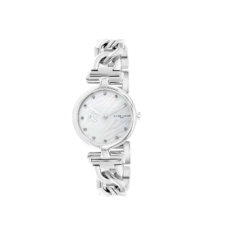 Madeleine Mother of Pearl Silver Chain Link Metal Band Watch