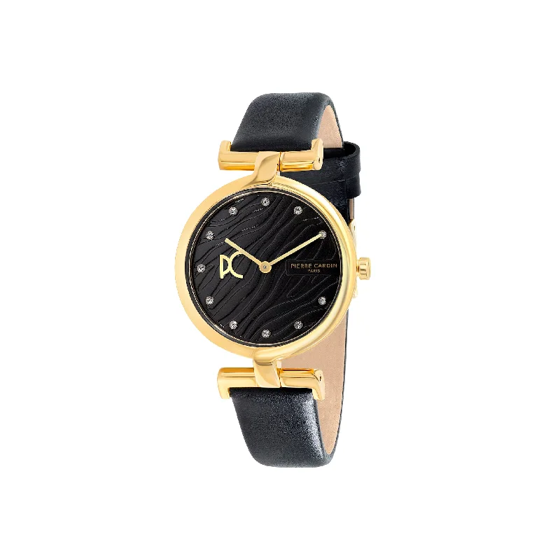 Madeleine Patterned Black Dial Gold Watch with Black Leather Strap