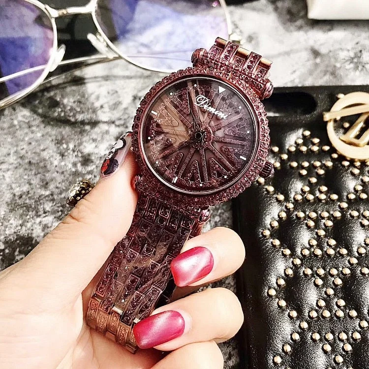 New Arrivals Luxury Brand Women Watches Full Diamond Skeleton Rotating Dial Wristwatch Relojes Mujer  Purple Relogio Feminino