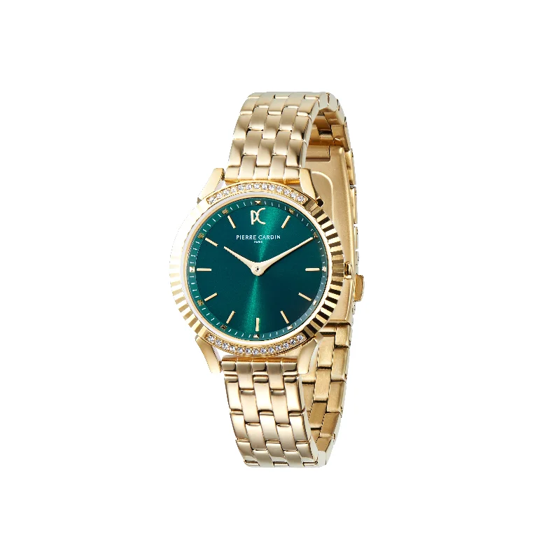 Pigalle Simplicity Gold Watch with Crystals and Deep Green Dial