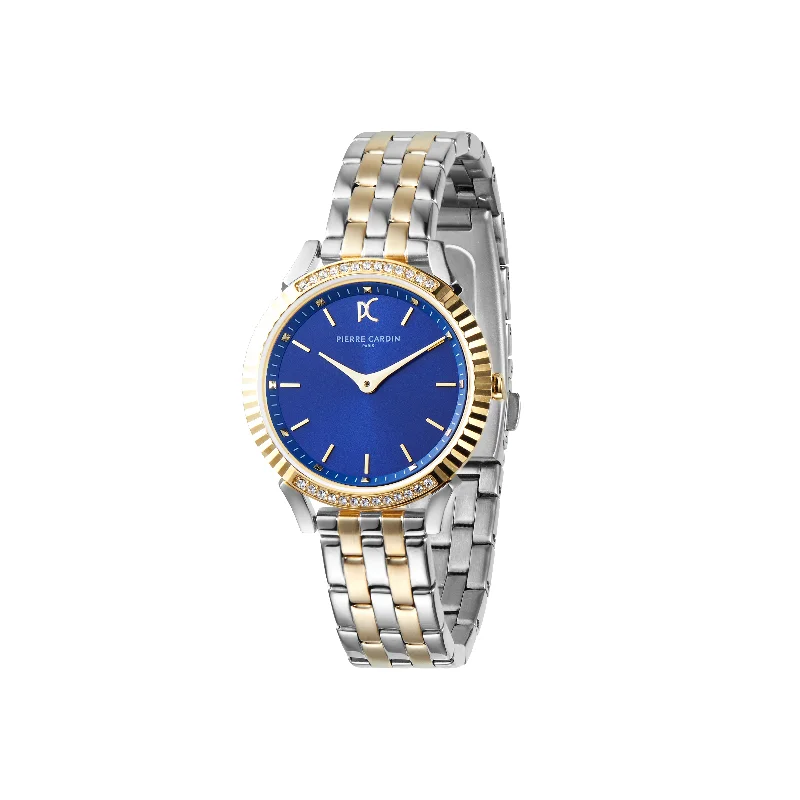 Pigalle Simplicity Two Tone Gold and Steel Watch with Crystals and Blue Dial