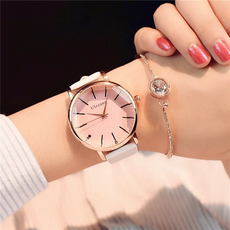 Polygonal dial design women watches luxury fashion dress quartz watch ulzzang popular brand white ladies leather wristwatch