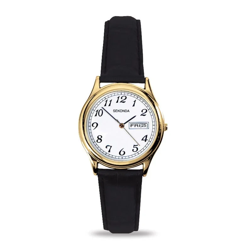 Sekonda Watch Gold Colour Date Black Leather