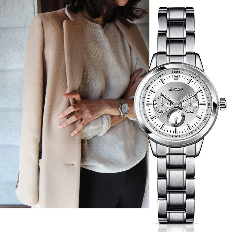 SINOBI Women Watch Elegant Brand Famous Luxury Silver Quartz Watches Ladies Steel Antique Geneva Wristwatches Relogio 2018 Gift