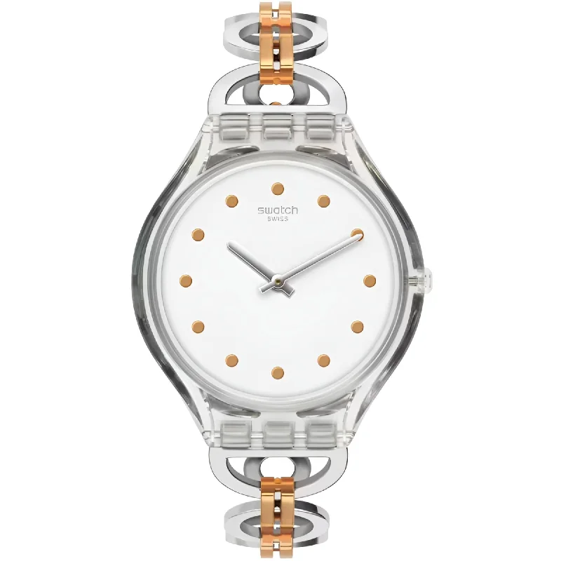 Swatch Women's Watch - Skin Skinring Quartz White Dial Two Tone Bracelet | SVOK102G