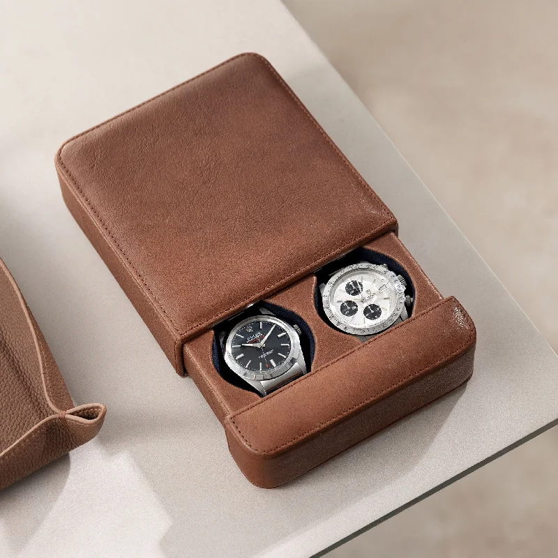 Washed Brown Leather 2 Watch Slider Box