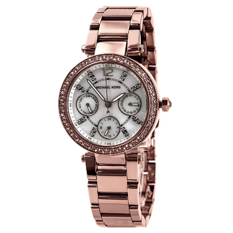 Michael Kors MK5616 Women's Parker Mini Rose Gold Steel Bracelet Crystal MOP Dial Day Date Watch